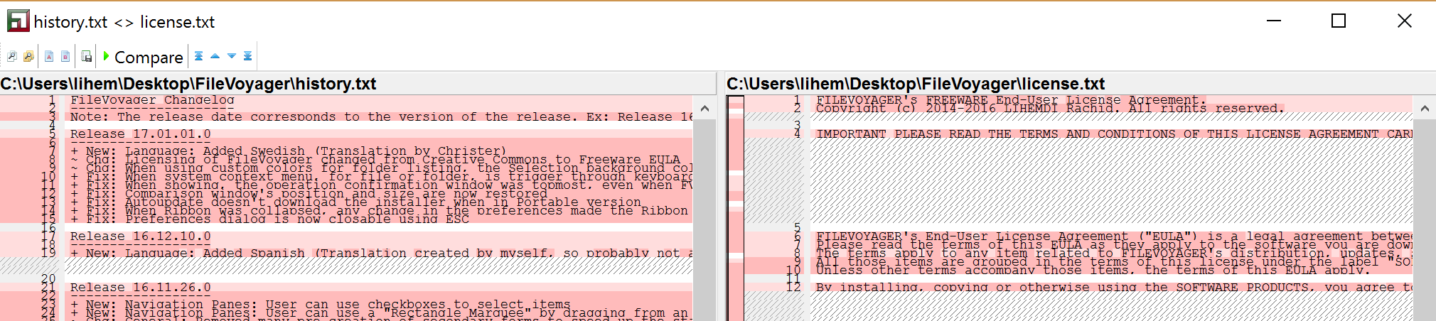 a history.txt license.txt corn pare C: Wsers\l levoyager\history.txt Note: The late to the orthe Ex: Release 17.01.01. o e 16.12.10.0 orobablv not e 16.11.26.0 