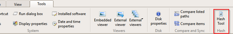 ficut Tools Run dialog box Display properties System nstalled software Date and time properties Embedded Viewer External Viewer Viewers External' Viewers Disk properties Disk Compare listed - paths Compare items Compare and Sync Tool Hash 