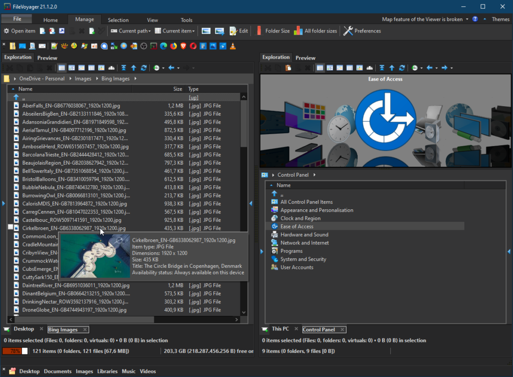 FileVoyager with the new simplified Ribbon and the Dark Theme